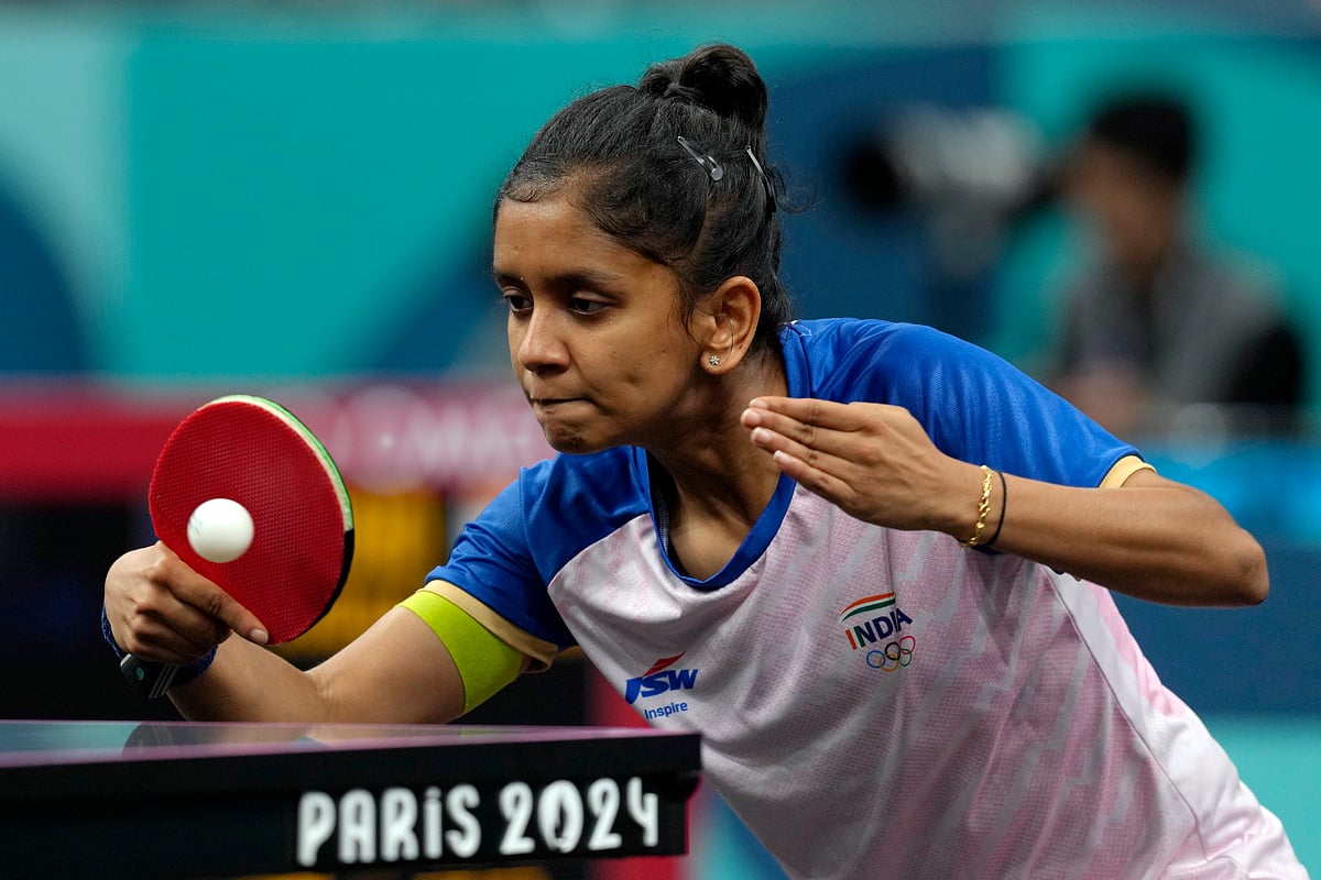 India's Sreeja Akula plays against Sweden's Christina Kallberg during a women's singles round of 64 table tennis game at the 2024 Summer Olympics, Sunday, July 28, 2024, in Paris, France. -  (AP Photo/Petros Giannakouris)